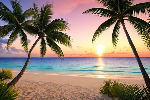 Paradise beach sunset tropical palm trees