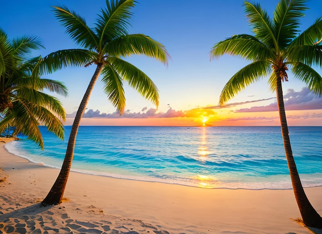 Paradise beach sunset tropical palm trees