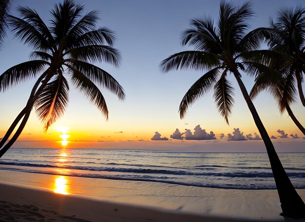 Paradise beach sunset tropical palm trees