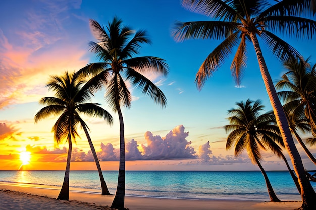 Photo paradise beach sunset tropical palm trees