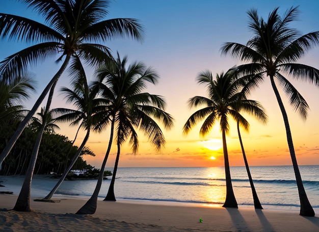 Paradise beach sunset tropical palm trees