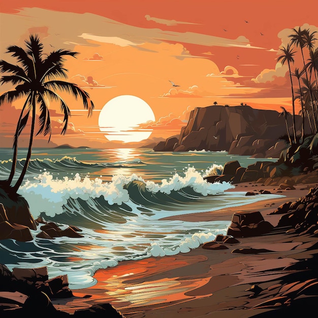 Райский пляж, закат, тропические пальмы.