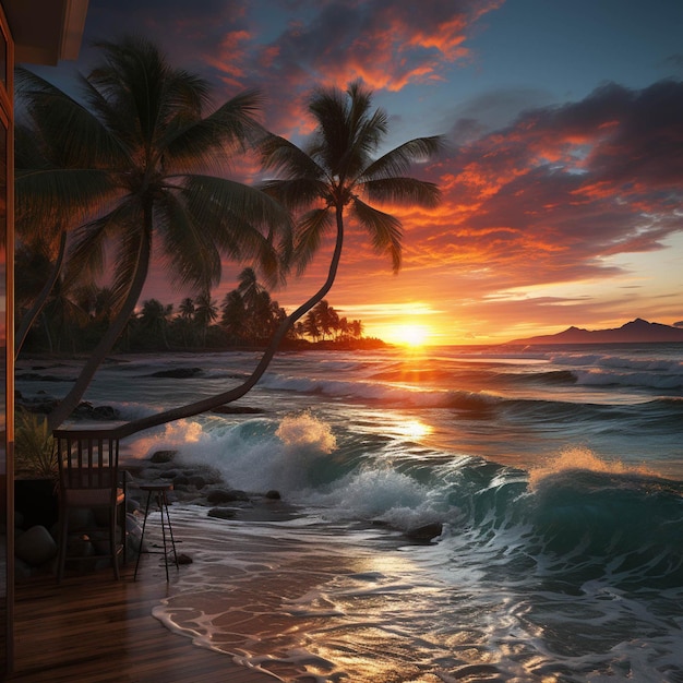 Paradise beach sunset tropical palm trees