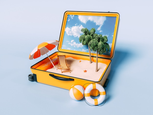 Paradise beach in travel suitcase. Summer Vacation Concept.