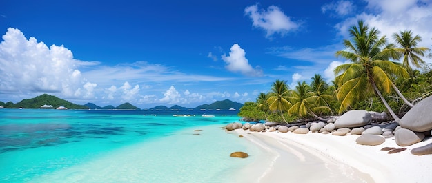 Paradise beach of a tropical island palm trees white sand azure water Famous stone beach