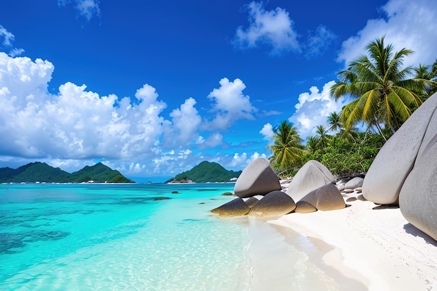 Paradise beach of a tropical island palm trees white sand azure water Famous stone beach