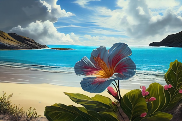 Paradise Beach White Sand Plumeria Ocean Wave Exotisch strand Hibiscus Abstracte generatieve AI-illustratie