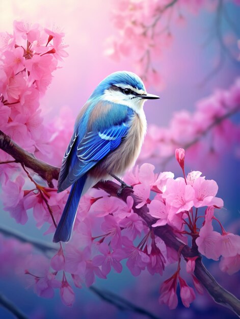 paradise bird sitting on a branch with flowers