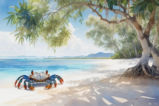 Paradise Captured Beach Landscape with Colorful Crabs Watercolor Painting