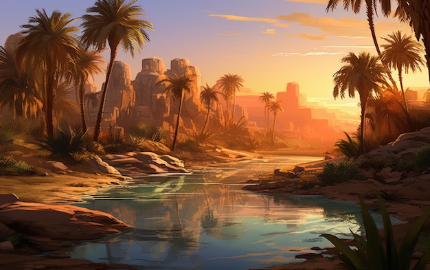 Paradise Desert Oasis met palmbomen en heldere zwembaden Generatieve AI