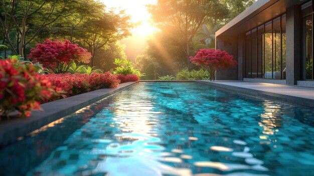 paradise dreamy swimming pool surrounded by tropical plants and flowers Generative AI