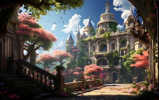 Paradise fantasy garden with flower Idyllic landscape background