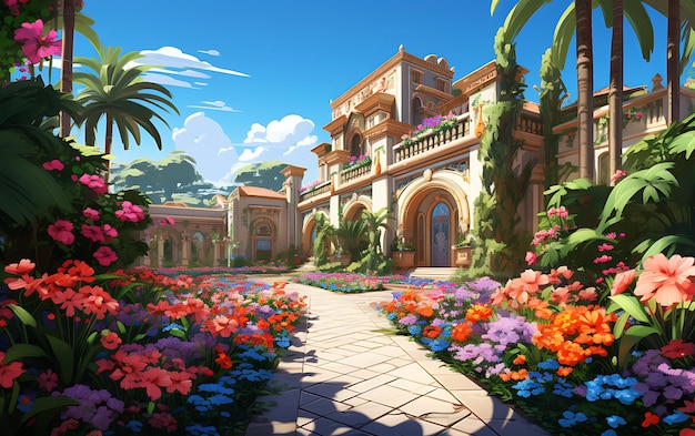 Райский фэнтезийный сад с цветочным идиллическим пейзажным фоном