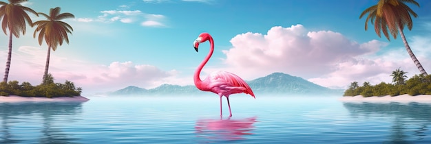 Paradise Found Pink Flamingo and Palm Tree on Exotic Blue Summer Background 3D Rendering for