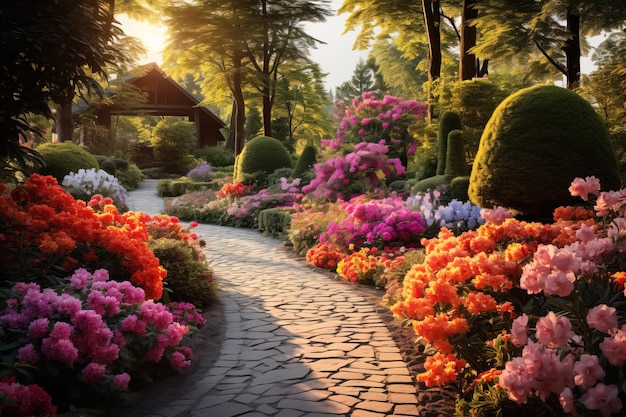 Райский сад, полный цветов, красивый идиллический фон с множеством цветов в Эдеме.