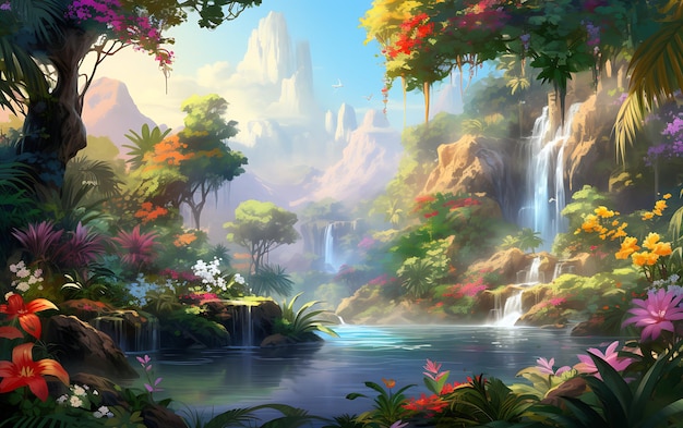 Paradise garden full of flowers beautiful idyllic background