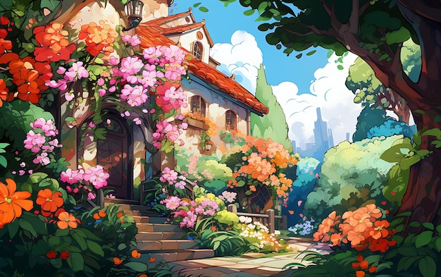 Paradise garden full of flowers beautiful idyllic background