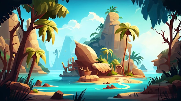 모바일 게임을 위한 낙원 섬 2D 배경 환경 고품질 가로 배경 풍경 게임 템플릿 디자인 위치 Generative ai