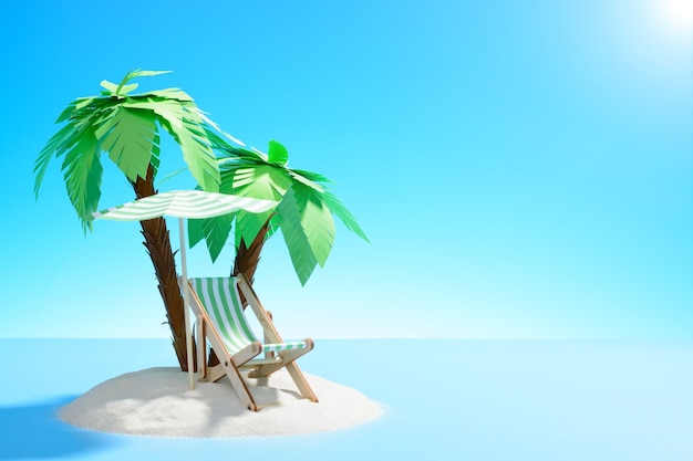 Paradise island in the ocean. Beach chair and an umbrella under a palm tree in the sand.