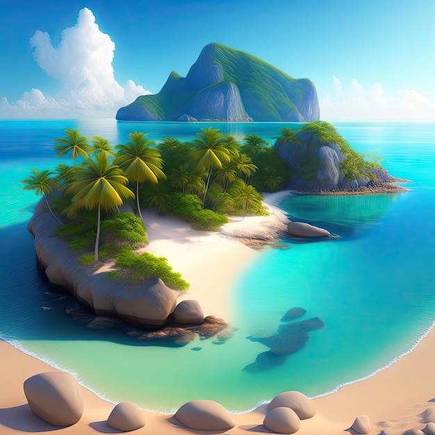 Foto paradise island wit zand kristalhelder blauw water mooi landschap 3d illustratie