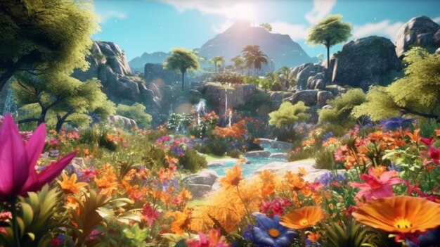 Paradise land with beautiful garden waterfall and floor Ai Generative