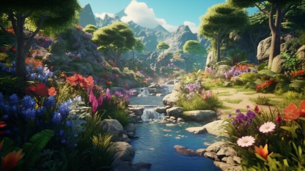 Paradise land with beautiful garden waterfall and floor Ai Generative