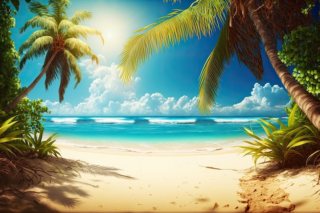 Paradise a palm lined sunny beach with a clear sea Concept of a tropical beach and summer vacation