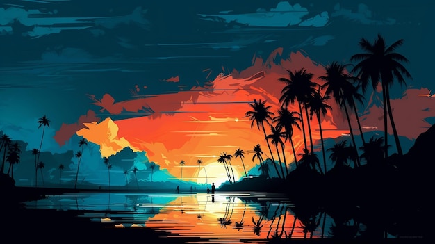 Paradise palms Hawaii silhouette sea generative AI