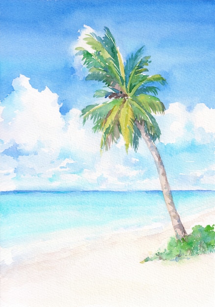 Photo paradise tropical beach with palm tree. watercolor hand drawn illustration.