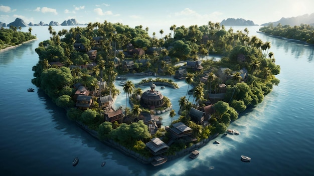 Райский тропический зеленый остров в форме сердца с деревьями на морском курорте