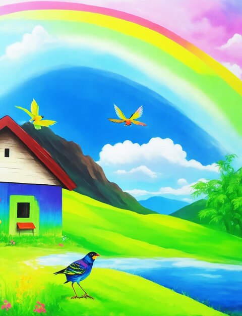 Paradise valley house bird of nature and rainbow cloud acrylic painting on paper hd acrylic image