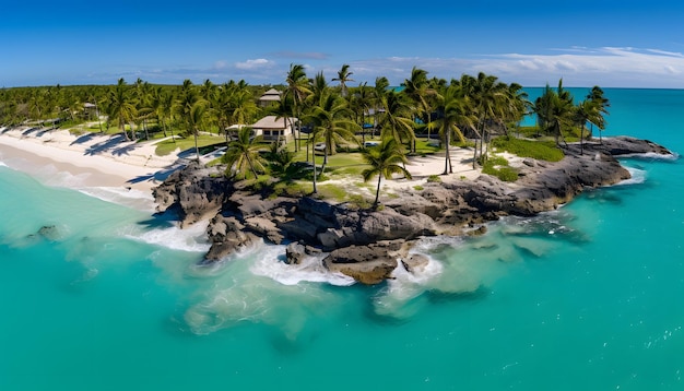 Paradises emerald oasis a captivating aerial view of a tropical islands palmstudded beach