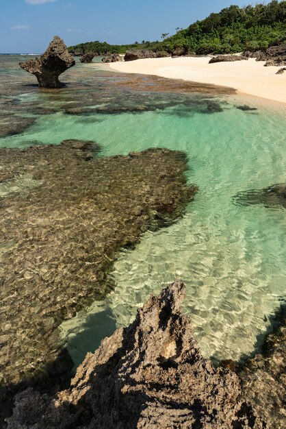 Paradisiacal beach, emerald green sea pool, white sands, coastal rocks and vegetation. Iriomote Island.
