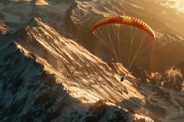 Foto paraglider die tussen hoge bergen vliegt