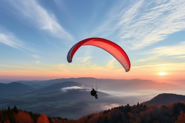 Paraglider drifting over countryside landscape at sunset created using generative ai technology