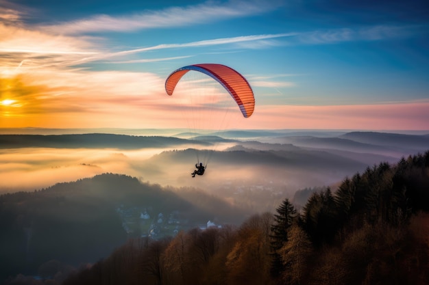 Photo paraglider drifting over countryside landscape at sunset created using generative ai technology