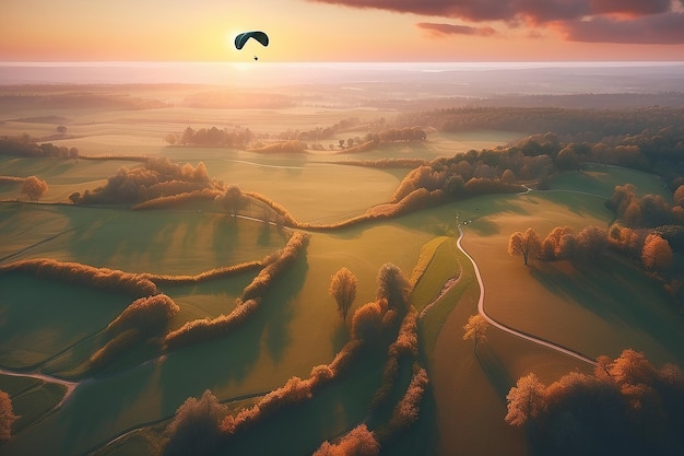 Paraglider drifting over countryside landscape at sunset created using generative ai technology