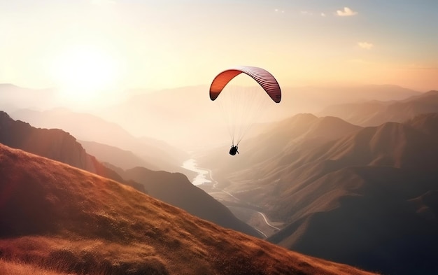 A paraglider flies over a mountain landscape.