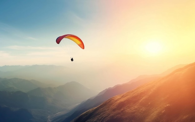 A paraglider flies over a mountain range.