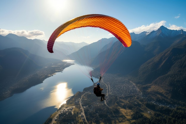 Paraglider flying over mountains in summer day Generative AI illustration