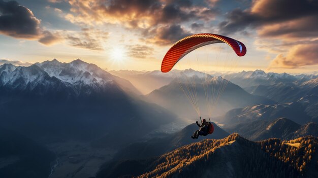 Paraglider flying over mountains