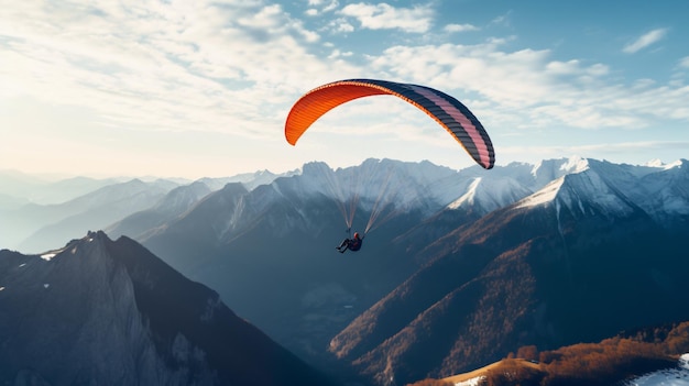 Paraglider flying over mountains