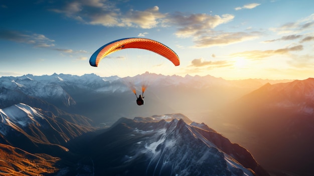 Paraglider flying over mountains