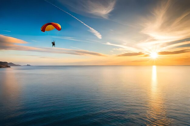 A paraglider flying over the ocean at sunset