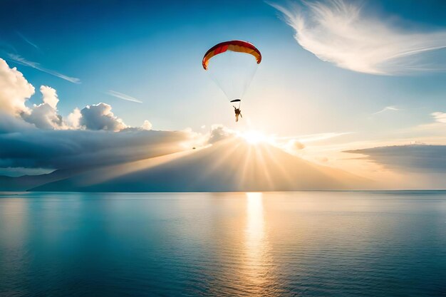 A paraglider flying over the ocean with the sun behind him