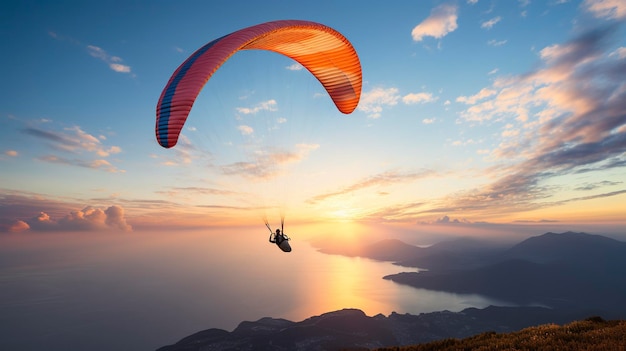 Paraglider flying over scenic mountains at sunset with picturesque clouds and water below