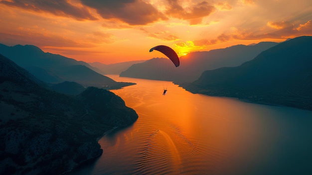 A paraglider is flying over a lake at sunset with a view of mountains and a body of water cinematic