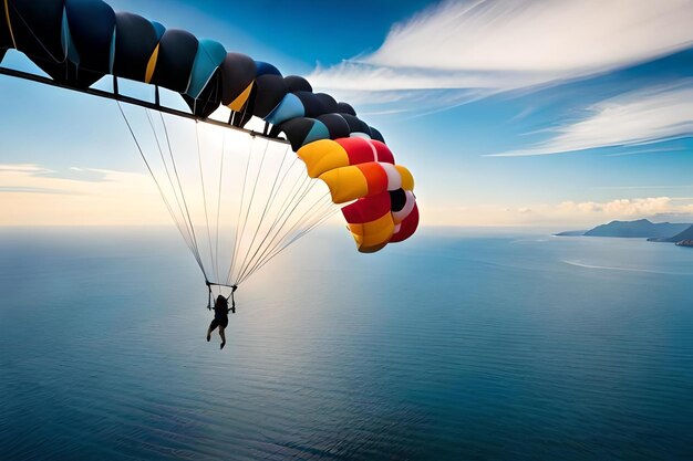 A paraglider is flying over the ocean