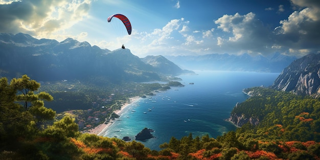 A paraglider soars over the sea and forest revealing a breathtaking view from above that takes your breath away AI Generative AI