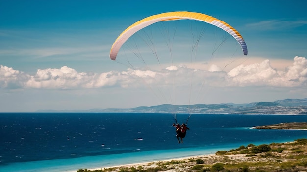 Photo paraglider tandem flying over the sea shore with blue water and sky on horison